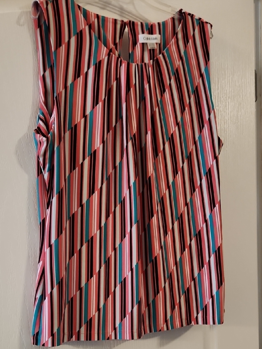 Calvin Klein Pink Teal Black White Striped Sleeveless Blouse